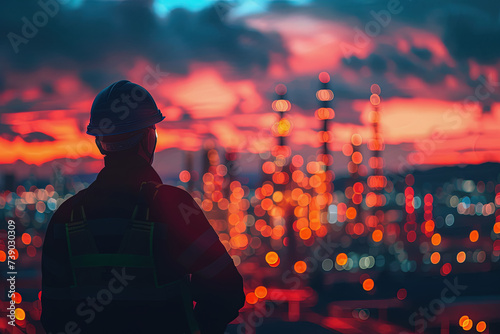 Silhouette of engineer inspecting construction building in the evening at sunset. AI Generated