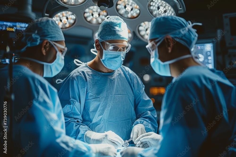 Surgeon surrounded by team in OR, focused on precision tasks, under surgical lights intense glow. Medical team engages in surgery, attentiveness clear in their postures, under surgical lamps' radiance - obrazy, fototapety, plakaty 