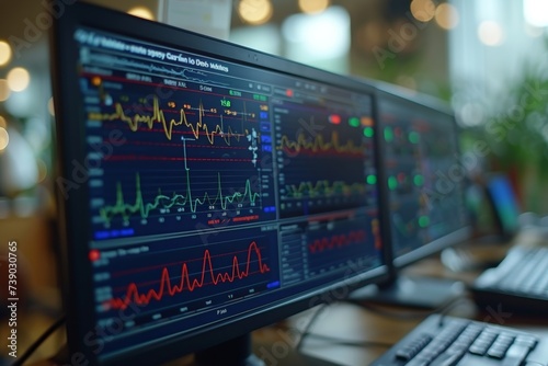 Monitors display vital financial statistics, showcasing complex data analysis in a dynamic market environment. Trading screens glow with graphs and figures, reflecting the pulse of the stock marke photo