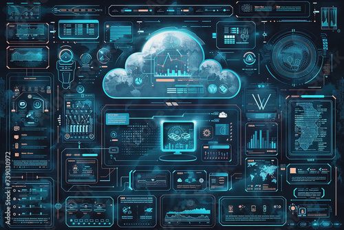 Cyber security cloud, detailed interfaces, dark background. AI Generated
