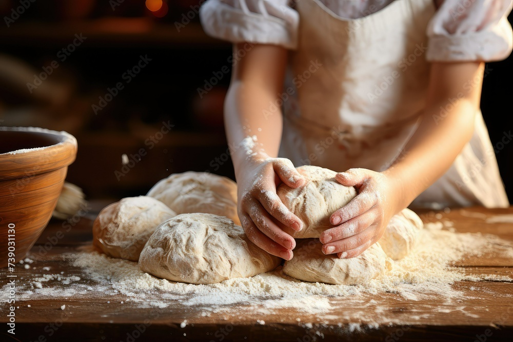 Closeup of a pair of child hands kneading fresh dough.