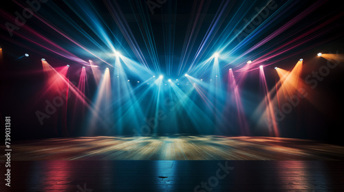Blue stage curtain with spotlights  theatrical lighting on empty platform  event backdrop  performance  spotlight effect  concert floor  theater stage art concept..