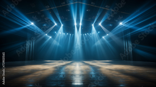 Blue stage curtain with spotlights, concert lighting beams, empty auditorium background, entertainment industry, stage design, theatrical ambiance, theater stage art concept..