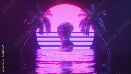 Palm Trees and David Sculpture with Ocean Synthwave Background