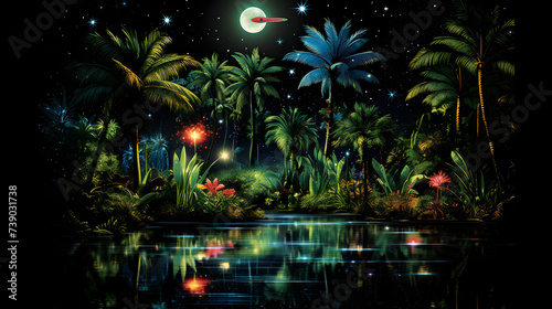 a very colorful tropical night scene on the water