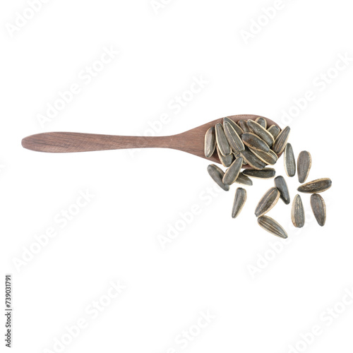 Sunflower seeds on a wooden spoon isolated transparent