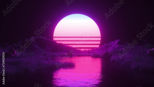 Neon Glowing Synthwave Background with Sun and Landscape Loop photo