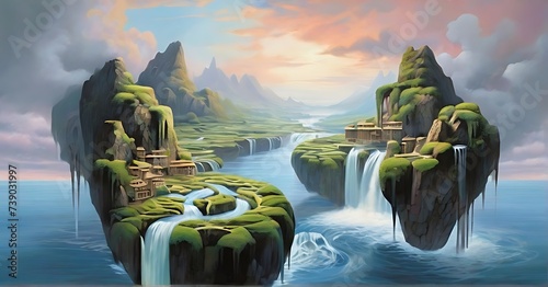 In a realm where reality bends, a landscape emerges a river of dreams meandering through valleys of floating islands adorned with cascading waterfalls © FWD