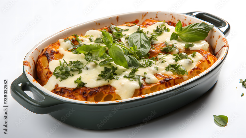 cooked lasagna in baking dish isolated on white
