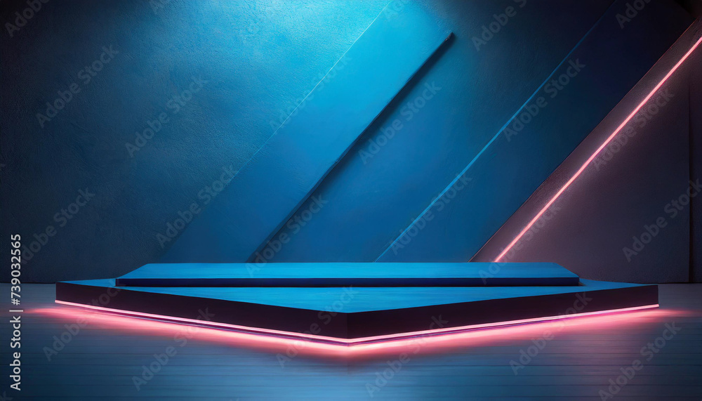 Blue neon-lit flat podium for product display against blank wall Blue neon-lit flat podium for product display against blank wall
