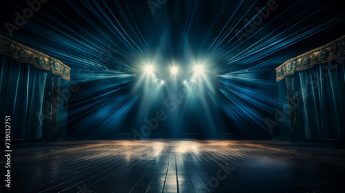 Blue stage curtain with spotlights, wooden floor with theatrical beams, concert setup, stage lighting effects, performance background, theater stage art concept.