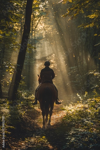 Professional Photography of a Horse and Rider Taking a Leisurely Trail Ride Through a Peaceful Forest, Generative AI © Giantdesign