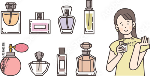 women sprinkling perfumes and perfumes with various designs