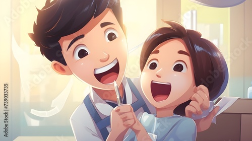 dentist checks child dental health cartoon illustration photo