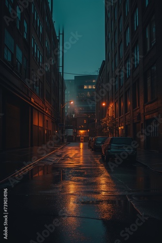 Mysterious Urban Night: Glistening Streets and Parked Cars