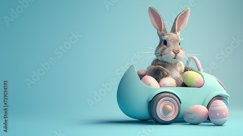 Background poster of an easter bunny driving a car filled with eggs inside with copyspace, 