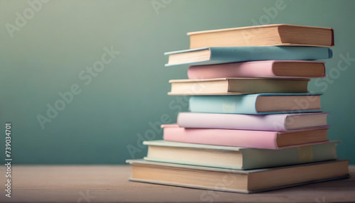 Pastel-colored books stacked neatly, symbolizing knowledge and learning, against a clean background. Ample space for captions © Your Hand Please