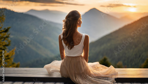 woman in sheer dress gazes into distance on terrace, embodying grace and contemplation