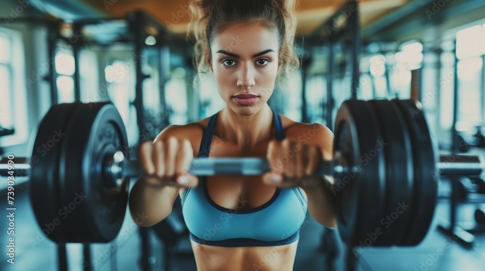 Fototapeta premium Sporty woman exercising at the gym for healthy life. Fitness exercising, Beautiful female working out for muscle, Athlete woman in sportswear doing fitness. Weight training