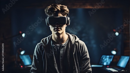 A young man in a studio, wearing virtual reality goggles, Young Man Engaged with Virtual Reality Goggles in Studio, Young Man Explores Virtual Reality World in Studio Setting,