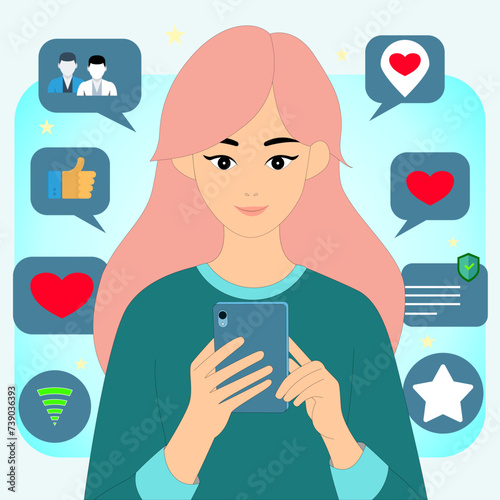 Young woman surfing the internet on her mobile phone. Vector illustration of people surfing social media via wireless.