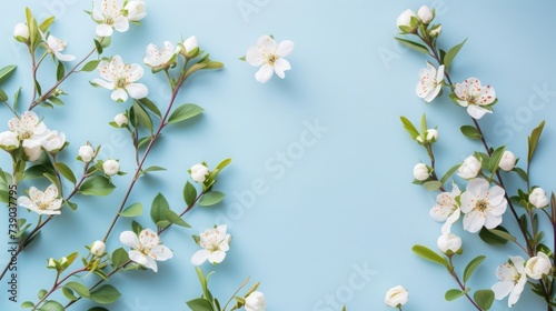 Spring flowers on blue background. Flat lay  top view  copy space