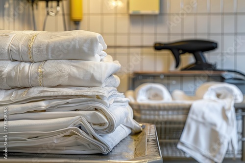 Stack of white towels on the table in a hotel bathroom. Selective focus.