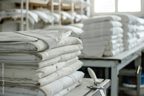 Pile of white towels on a shelf in a textile factory.  photo