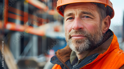 Close-up of Engineer man with blurred construction site, Portrait of a construction worker on industry site © Poguz.P