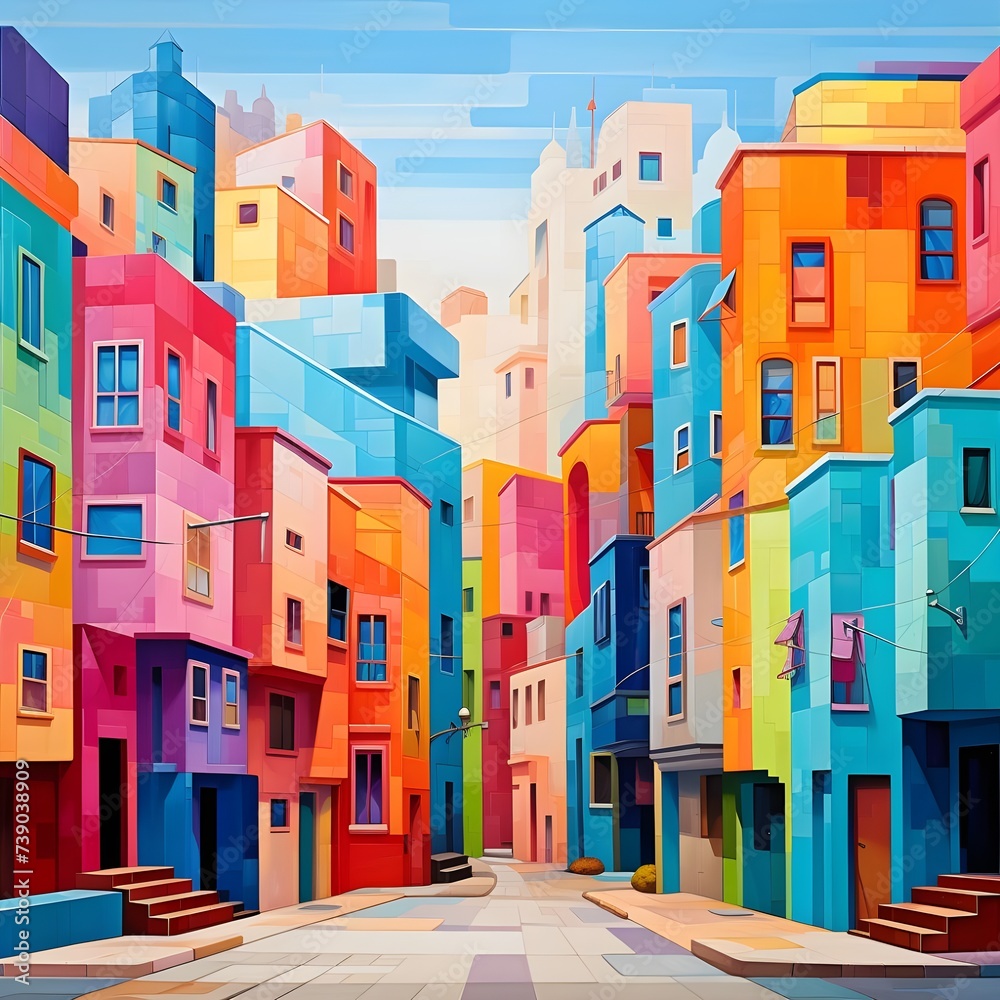 Illustration city with brightly colorful buildings