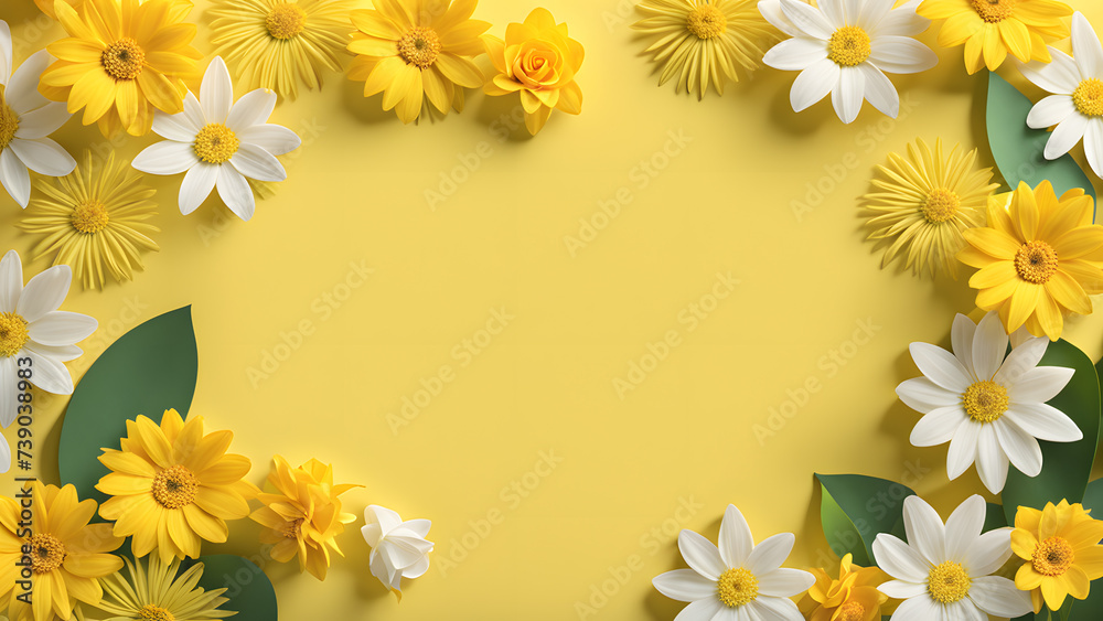 D Easter Day Yellow Background Highlighting Floral Arrangement of Flowers and Eggs. Designed for a Simple Modern Minimalist Easter Day Good Friday Banner Concept.