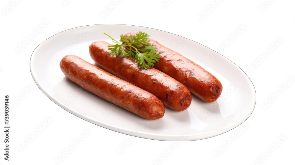 A white plate with three grilled sausages and a sprig of parsley on PNG A white plate with three grilled sausages and a sprig of parsley on PNG