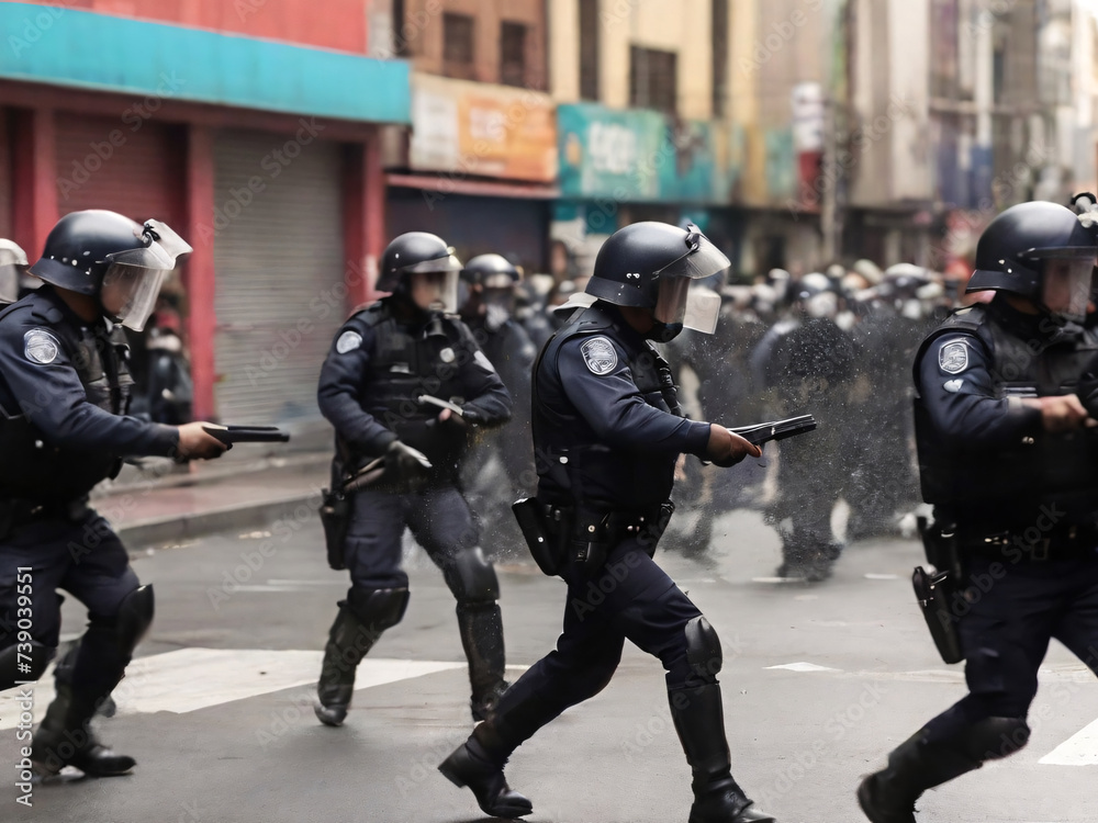 Group of police officers breaking up demonstration with tear gas in a city Group of police officers breaking up demonstration with tear gas in a city
