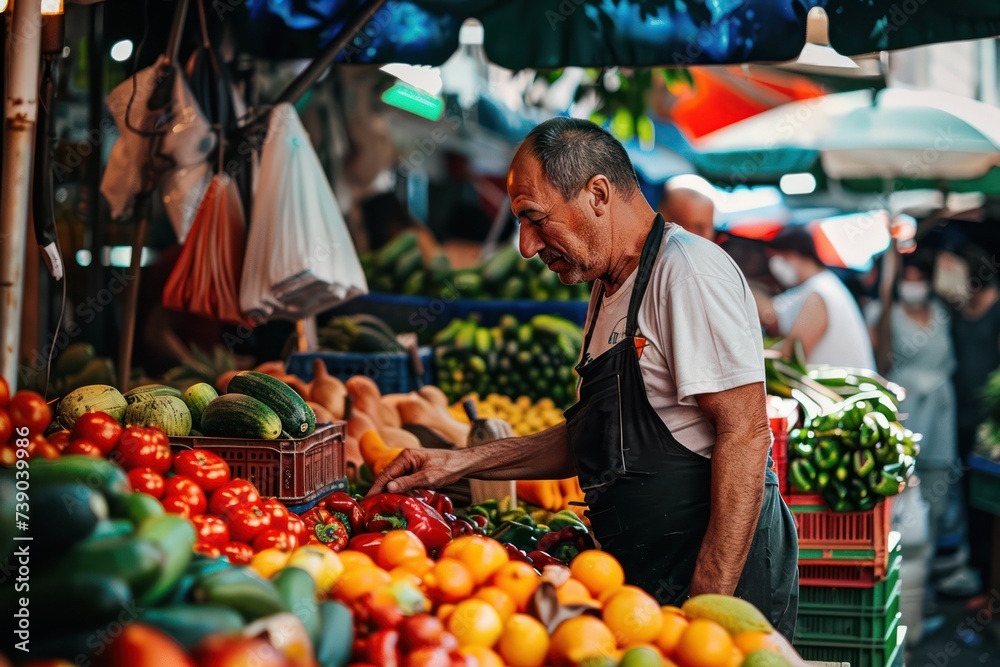 Asian man selling fruits and vegetables at a market Asian man selling fruits and vegetables at a market