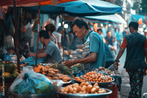 Thai man selling fruits and vegetables at street market