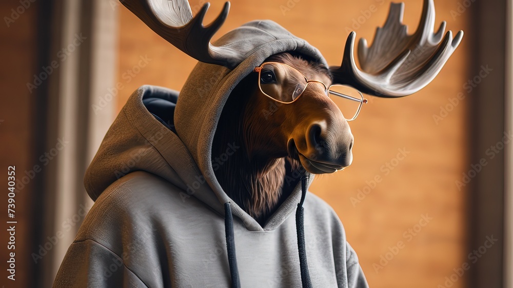 moose in glasses and hoodie