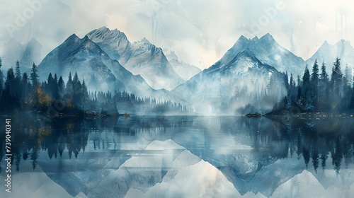 Misty Mountains and Forest Reflection: A Serene Landscape of Nature’s Beauty, Capturing the Essence of Tranquility and Wilderness for Inner Peace