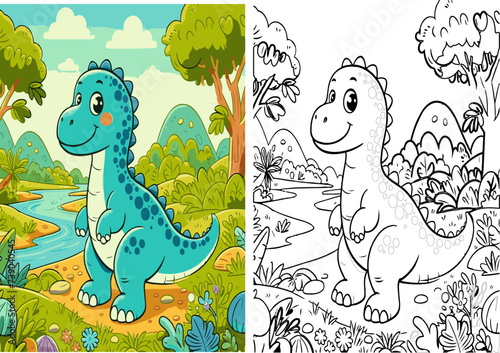 Coloring book for children with a dinosaur hand painted in cartoon style, tyrannosaurus, brontosaurus