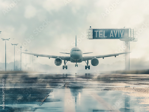 Airplane landing with TEL AVIV sign in the foreground, arriving in Israel, Ben Gurion airport photo