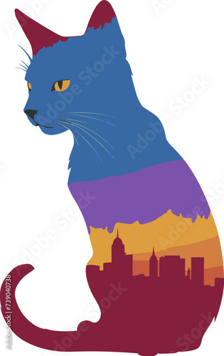 silhouette of a cat, double exposure blending together a cat and cityscape