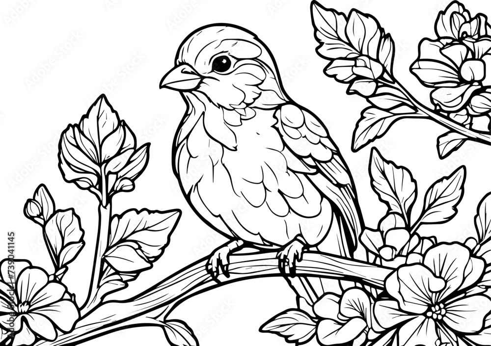 Hand drawn bird sitting on branch isolated on white background. Tit icon in line art style for coloring book. Hand drawn bird sitting on branch isolated on white background. Tit icon in line art style for coloring book.