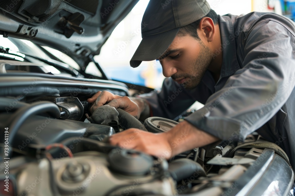 Middle Eastern mechanic working on car engine in auto repair shop Middle Eastern mechanic working on car engine in auto repair shop