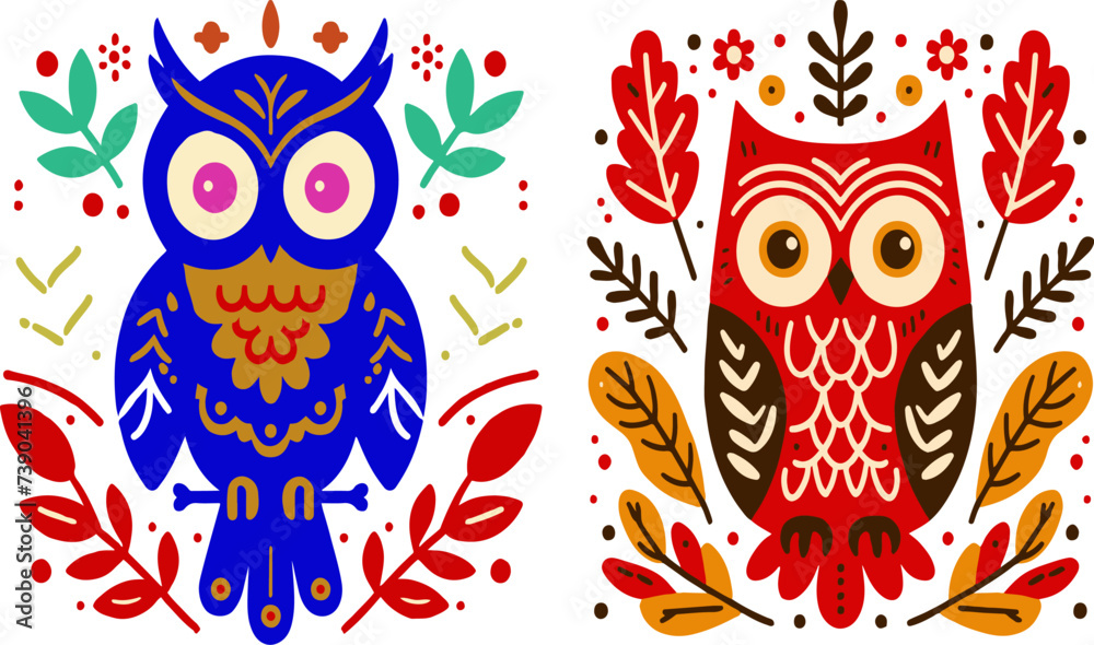 set of owls, with colorful leaves and twigs