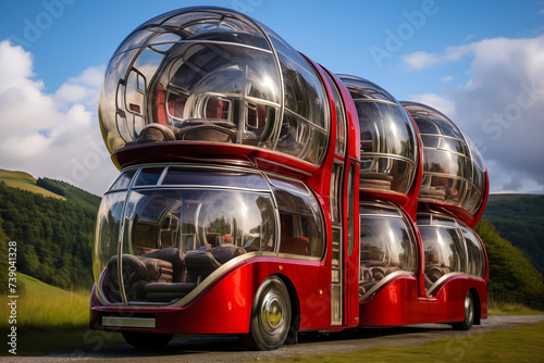 modern double decker bus on the sky background photo