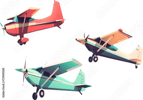 Set of Small aircraft with propeller on blank background isometric vector illustration