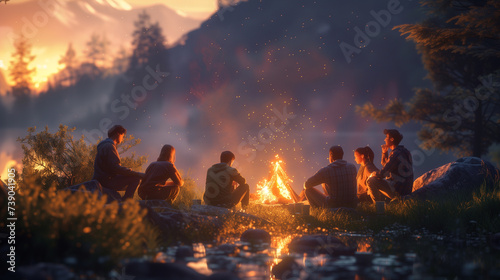 A group of friends enjoy a cozy evening around a campfire in a scenic forest as the sun sets behind the mountains.