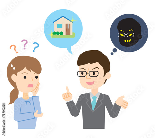 リフォーム詐欺業者と話をする女性