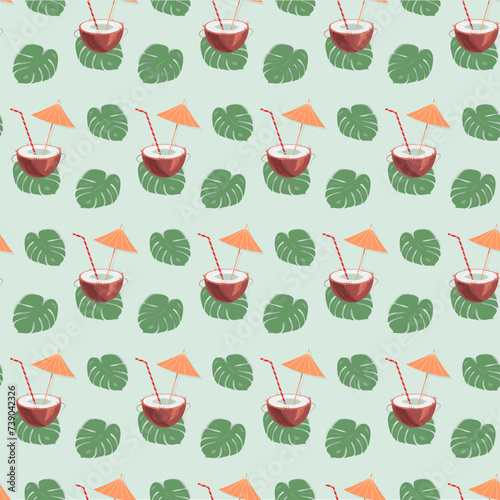 Seamless pattern of half coconut and cocktail straw and umbrella inside on monstera leaf. Summertime