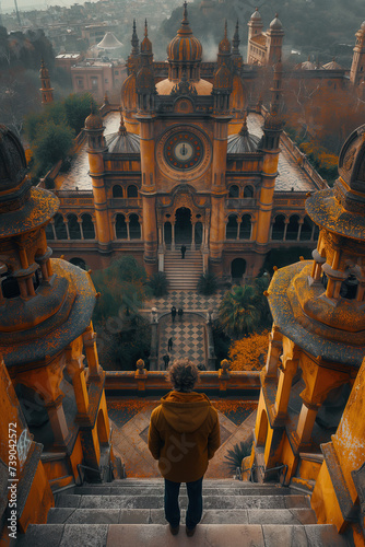 A person standing on symmetrical picturesque stairs in India, symbolizing spiritual quest or a search for peace and belief, calming, philosophical