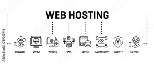 Web hosting banner web line black color icon illustration concept icon with provider,domain,website,data,server,cloud backup,security,service